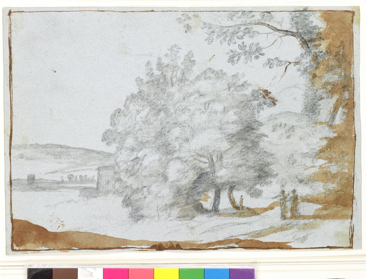 Sluncem zalitá krajina se stromy (černá křída a hnědá barva na papíře) od Claude Lorrain