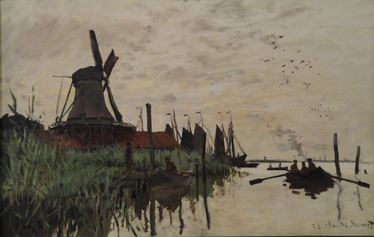 Větrný mlýn a lodě poblíž Zaandamu, Holandsko od Claude Monet