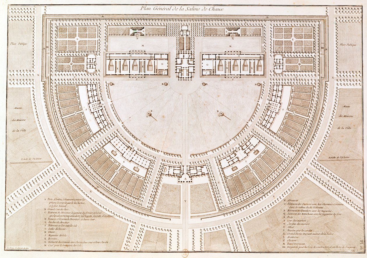 Celkový plán solnice v „ideálním městě“ Chaux, vyrytý Louisem Sellierem (nar. 1757) od Claude Nicolas Ledoux