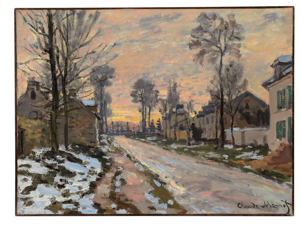 Cesta do Louveciennes, tající sníh, zapadající slunce, cca 1869-70 od Claude Monet
