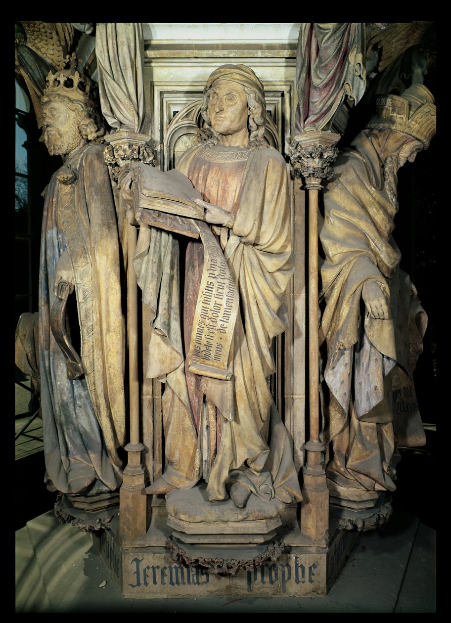 Jeremiáš (uprostřed), David (vlevo) a Zachariáš (vpravo), postavy z šestiúhelníkového podstavce Mojžíšovy studny, 1395-1404 od Claus and Malouel, Jean Sluter