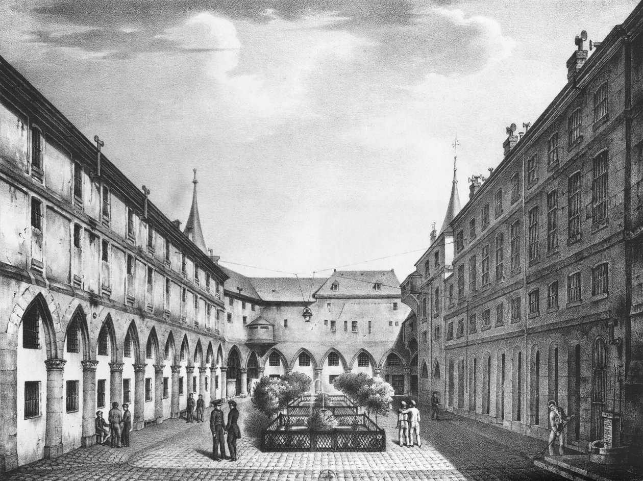 Pohled na mužský dvůr ve věznici Conciergerie, vyrytý Alphonsem Urrutym (1800-70) kolem roku 1831 od Collard