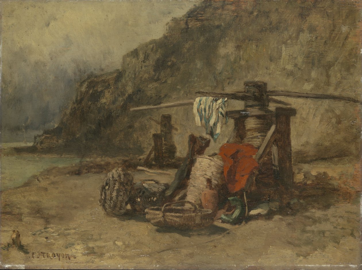 Plážová scéna s pláštěnkami od Constant Emile Troyon