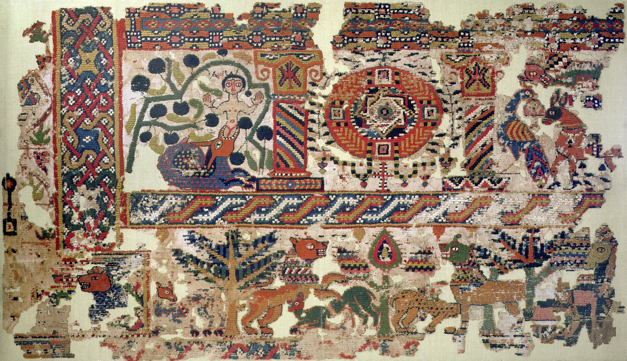 Fragment textilie zobrazující Jonáše a velrybu detail prádla a vlny z roku 105613 od Coptic