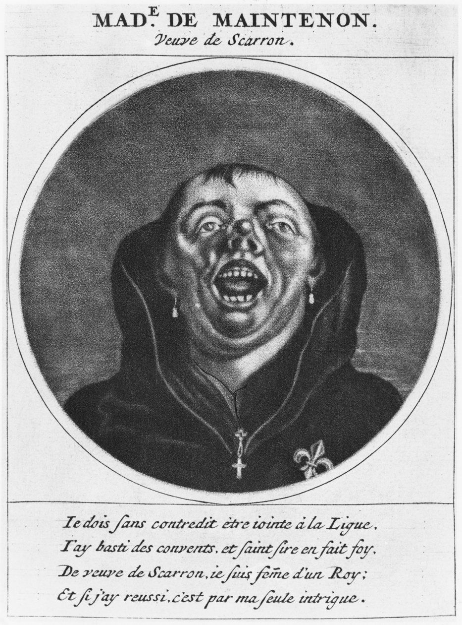 Protestantská karikatura Madame de Maintenon, ilustrace z „Les Heros de La Ligue nebo La Procession monacale, vedené Ludvíkem XIV., za obrácení protestantů svého království“, Paříž, Che od Cornelis and Gole, Jacob Dusart