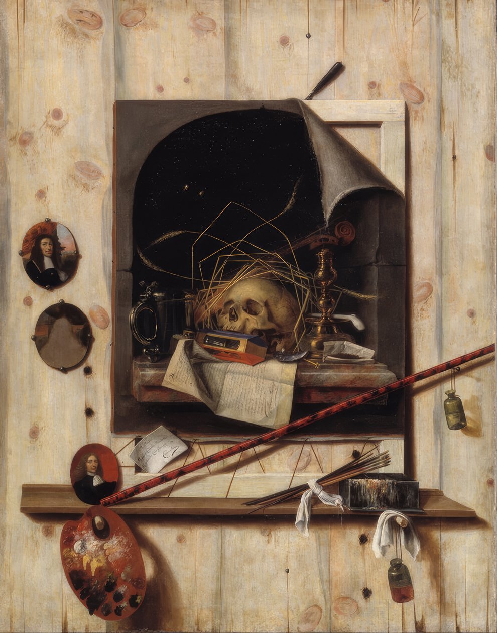 Trompe l’oeil se Studio Wall a Vanitas Still Life. Datum / Období: 1668. Malba. Olej na plátně. Výška: 1 520 mm (59,84 palce); Šířka: 1 180 mm (46,45 palce). Künstler: CORNELIS NORBERTUS GYSBRECHTS. Lage: státní muzeum pro kunst od Cornelis Norbertus Gysbrechts
