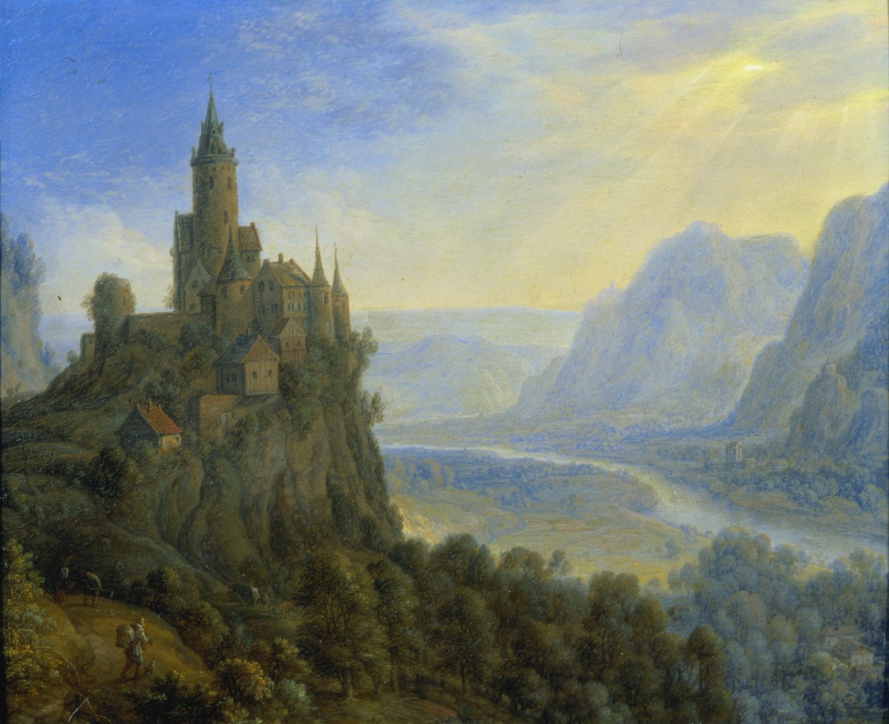 Hornatá krajina s hradem od Cornelis Saftleven