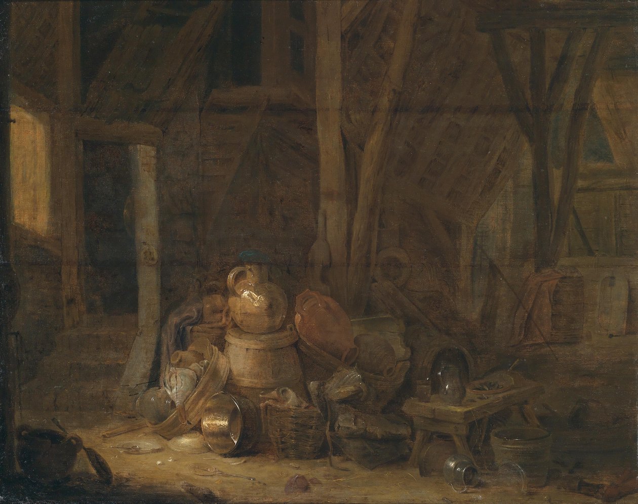 Interiér stodoly, monogramovaný a datovaný střed vlevo od Cornelis Saftleven