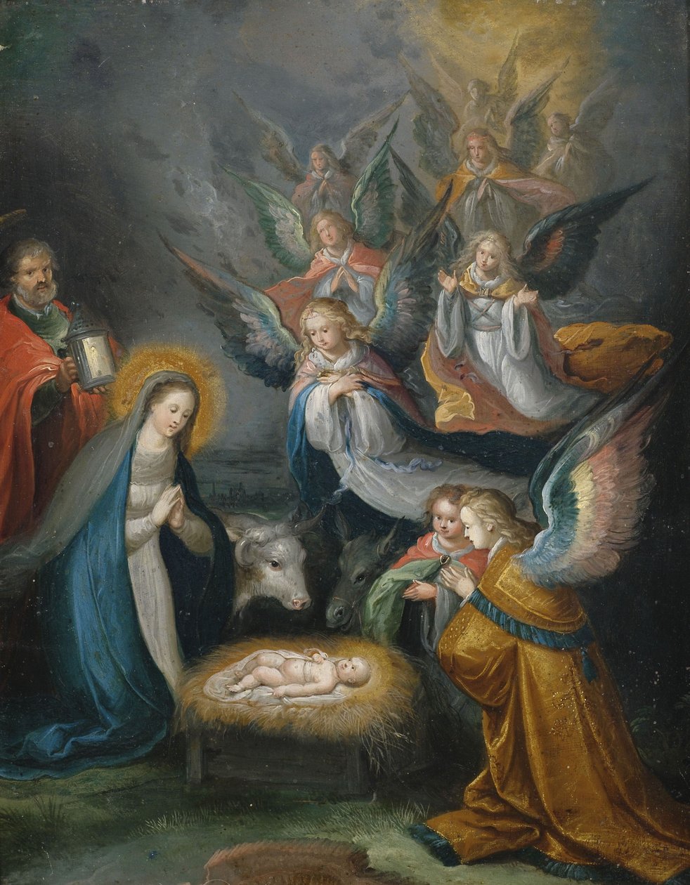 Svatá rodina s anděly v uctívání dítěte od Cornelis de Baellieur