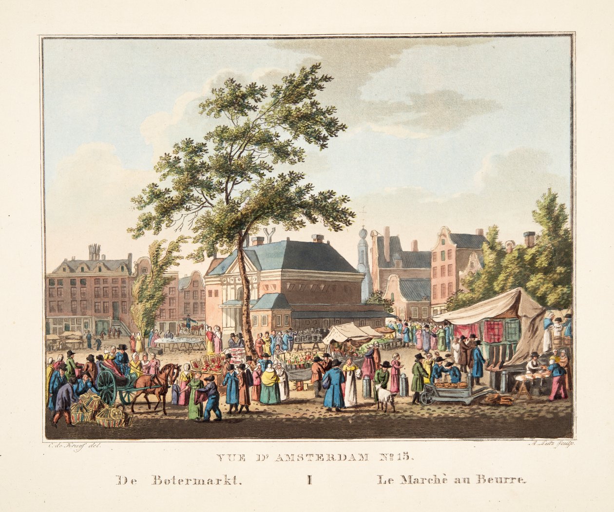 Pohled na Amsterdam č. 15. De Botermarkt. Trh s máslem, 1825 (ručně kolorovaná rytina) od Cornelis de Kruyff