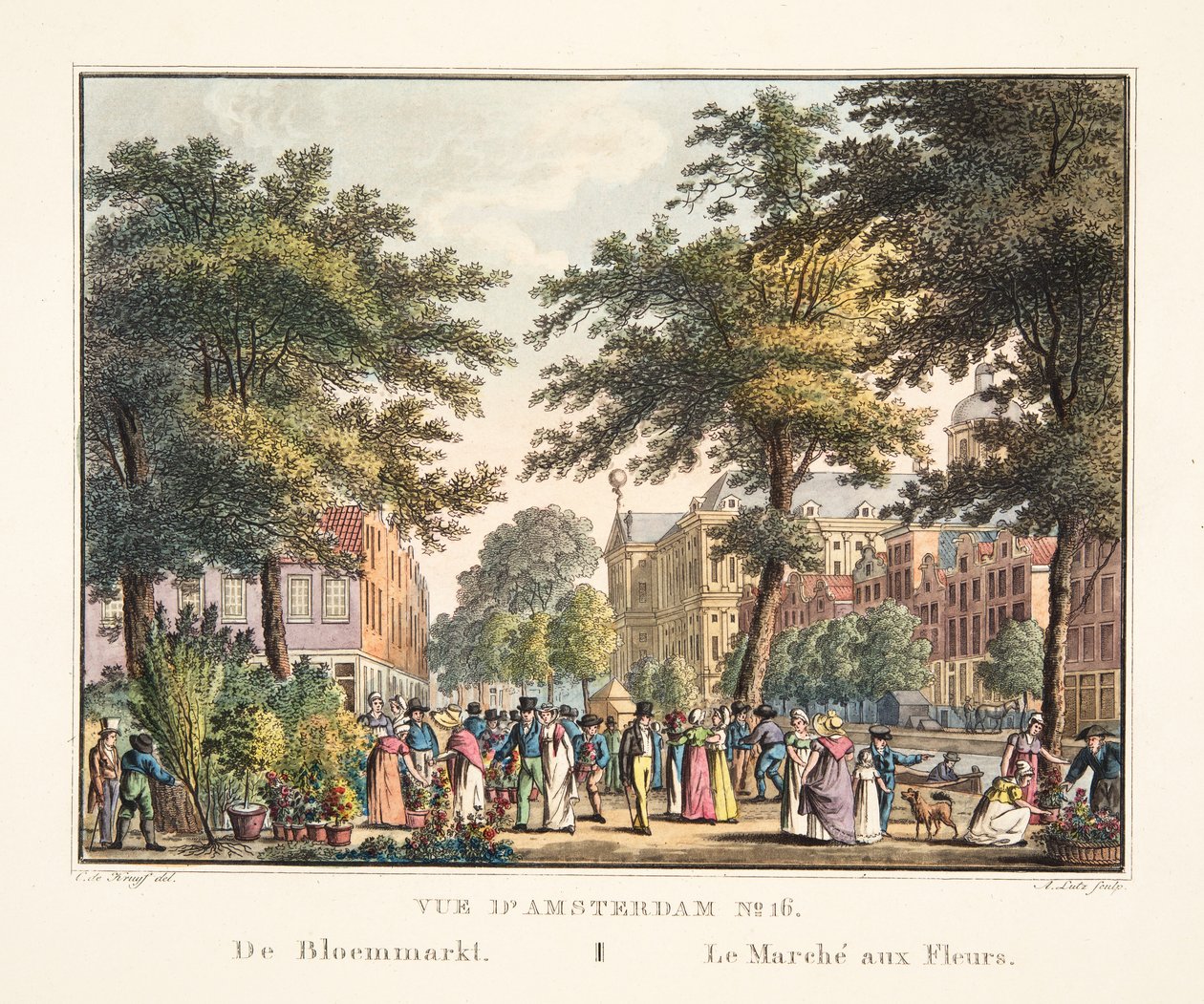 Pohled na Amsterdam č. 16. De Bloemmarkt. Květinový trh, 1825 (ručně kolorovaná rytina) od Cornelis de Kruyff