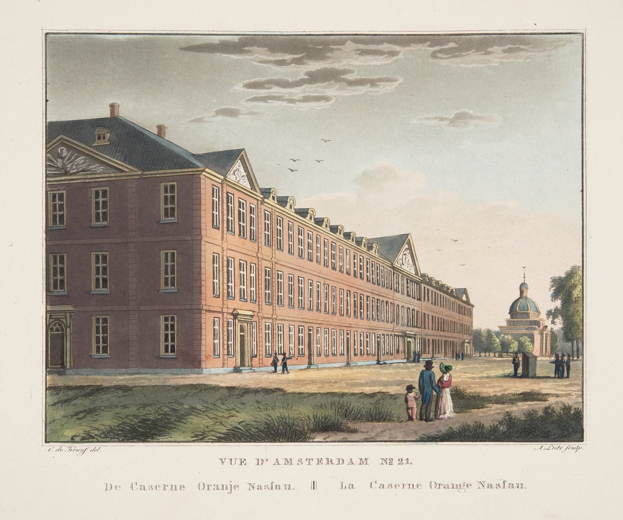 Pohled na Amsterdam č.21. Z kasáren Oranje Nassau. The Orange Nassau Barracks, 1825 (ručně kolorovaná rytina) od Cornelis de Kruyff