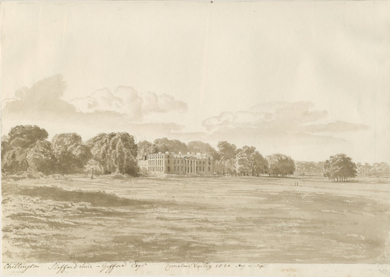 Chillington Hall: sépiová kresba od Cornelius Varley