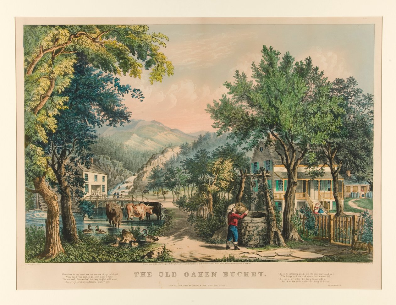 Staré dubové vědro od Currier and Ives
