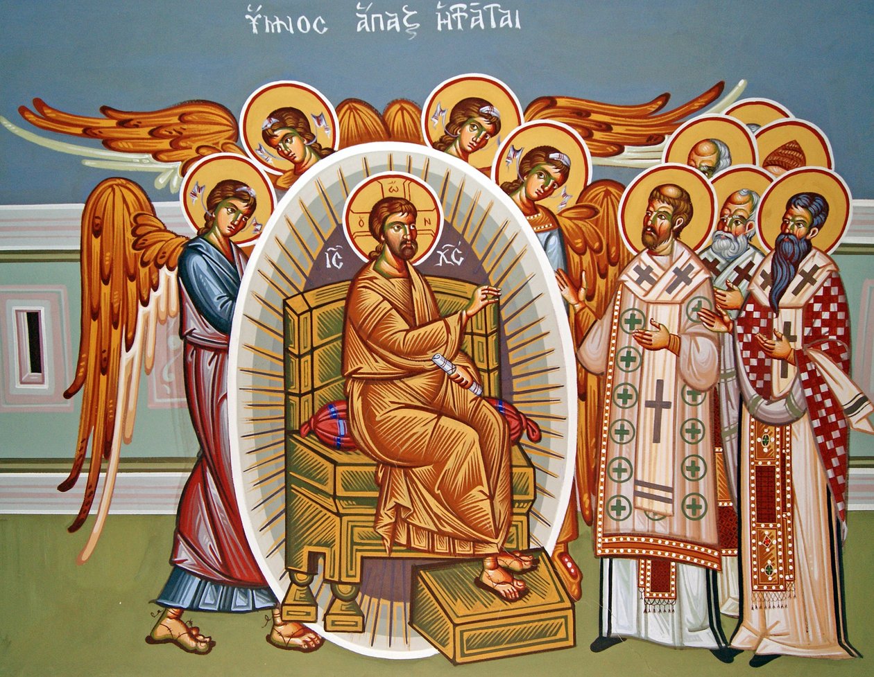 Sedící Kristus obklopený anděly, nástěnná malba kláštera Kykkos, Kypr od Cypriot