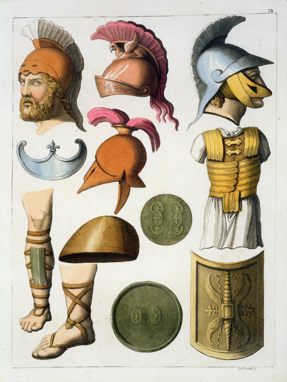 Římské vojenské vybavení, z „Le Costume Ancien et Moderne“ od Julese Ferraria, publikované kolem 20.–30. let 19. století od D.K. Bonatti