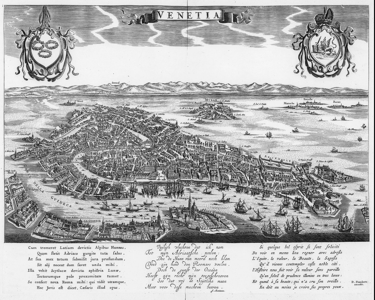 Mapa Benátek se třemi texty v latině, holandštině a francouzštině od Dancker Danckerts