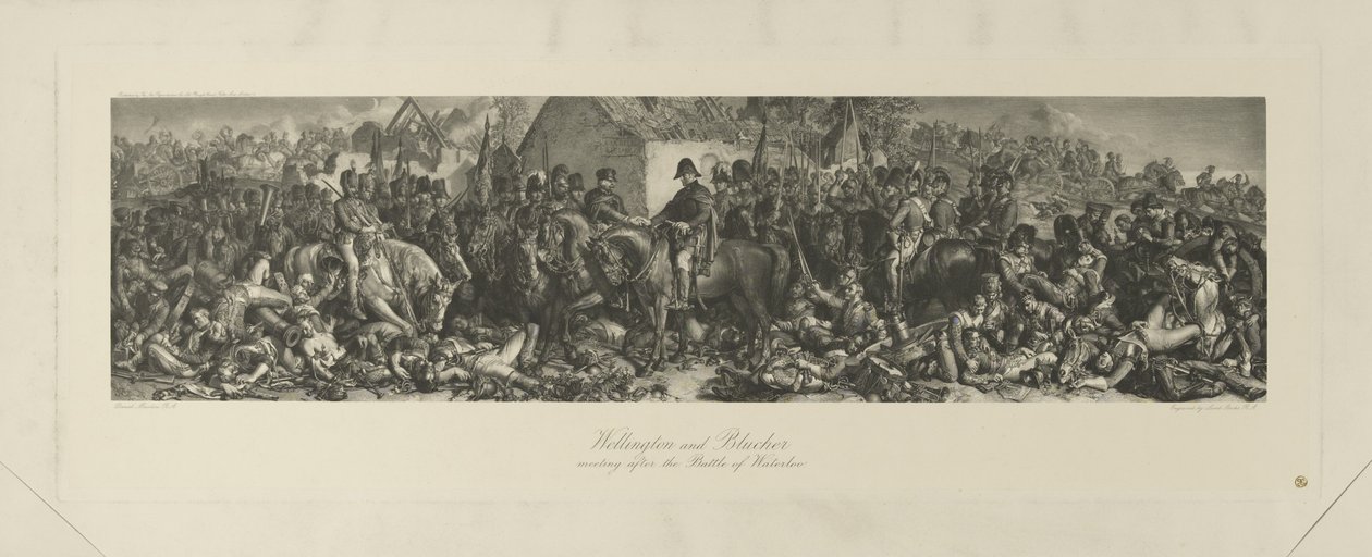 Setkání Wellingtona a Blüchera po bitvě u Waterloo, 1815, rytina Lumb Stocks (1812-92) od Daniel Maclise