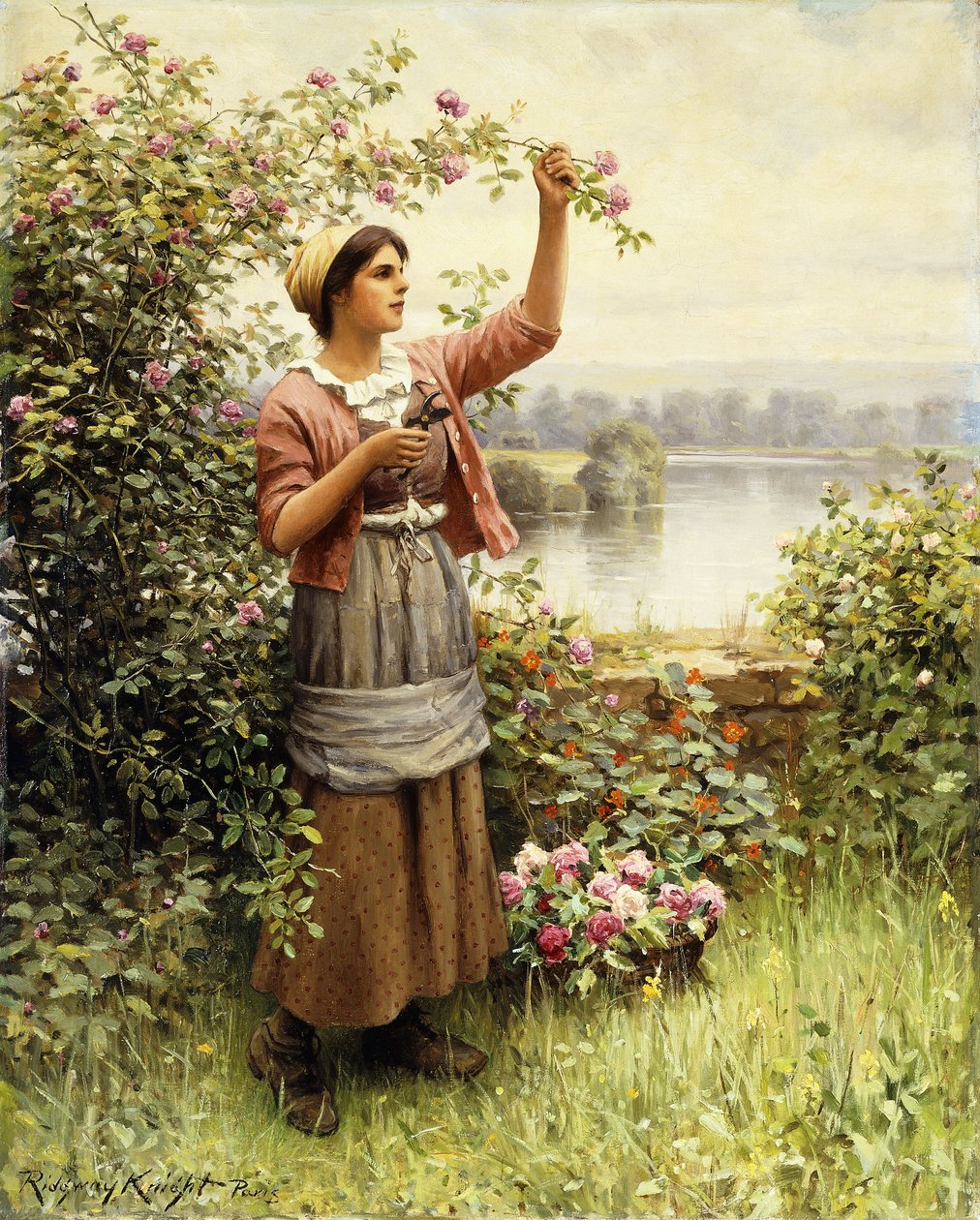 Řezání růží podél Seiny, od Daniel Ridgway Knight