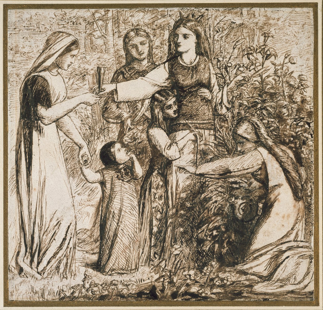 Dantova vize Matyldy sbírající květiny, 1855 (pero a hnědá tuš na smetanovém papíře) od Dante Gabriel Charles Rossetti