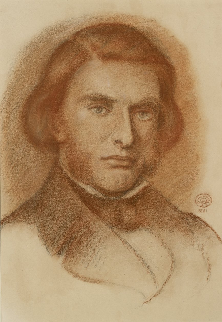 Portrét Johna Ruskina, 1861 (červená a trocha černé křídy) od Dante Gabriel Charles Rossetti