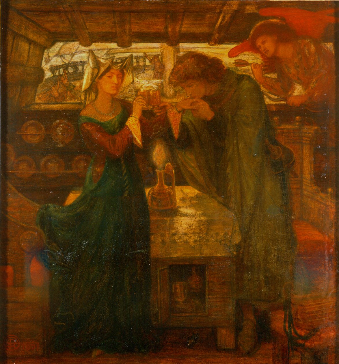 Tristram a Isolde pijí lektvar lásky, 1867 (kombinovaná média) od Dante Gabriel Charles Rossetti