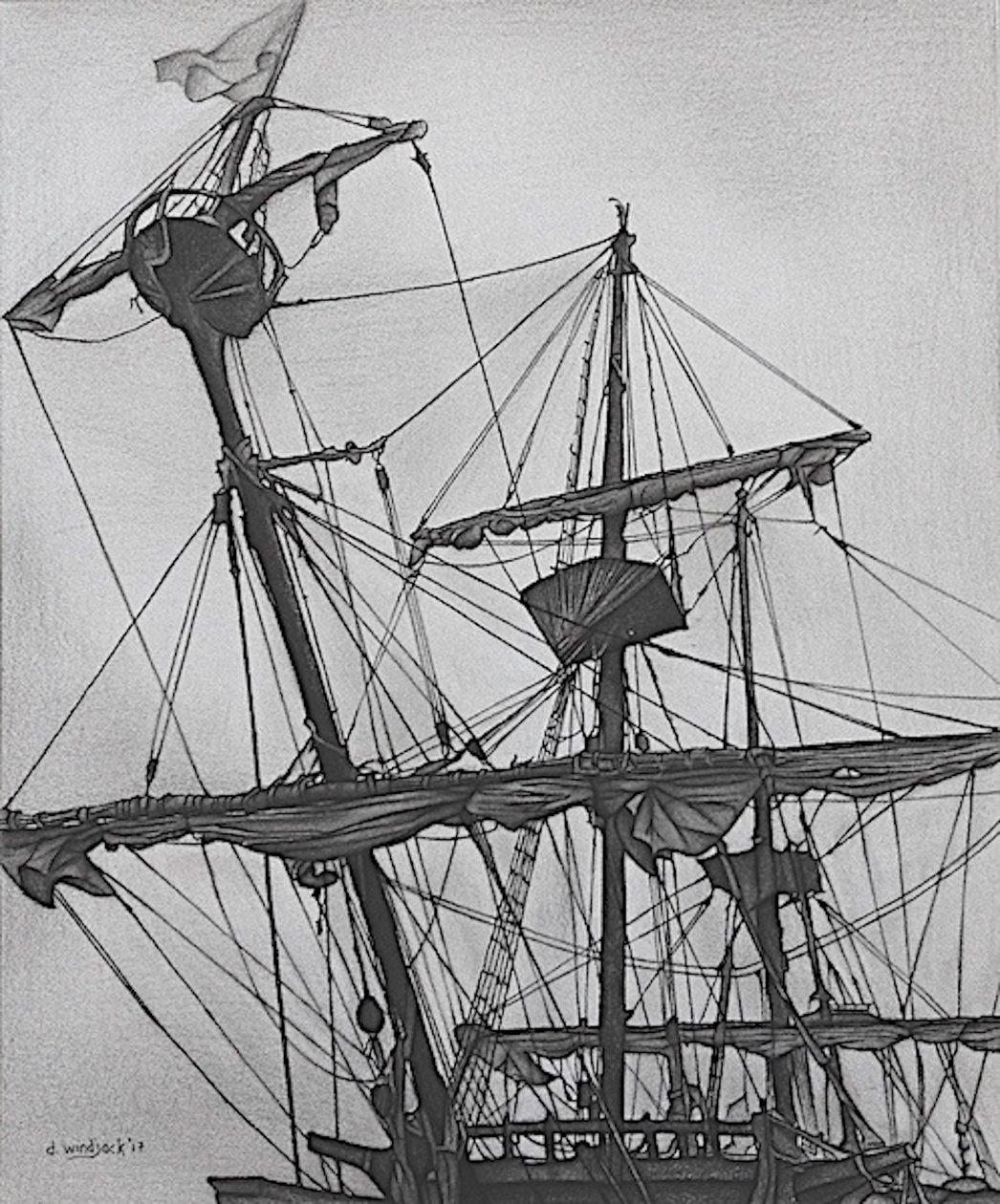 Přízračný galeon, 2017 (tužka, tuš na papíře) od Darrell Windjack