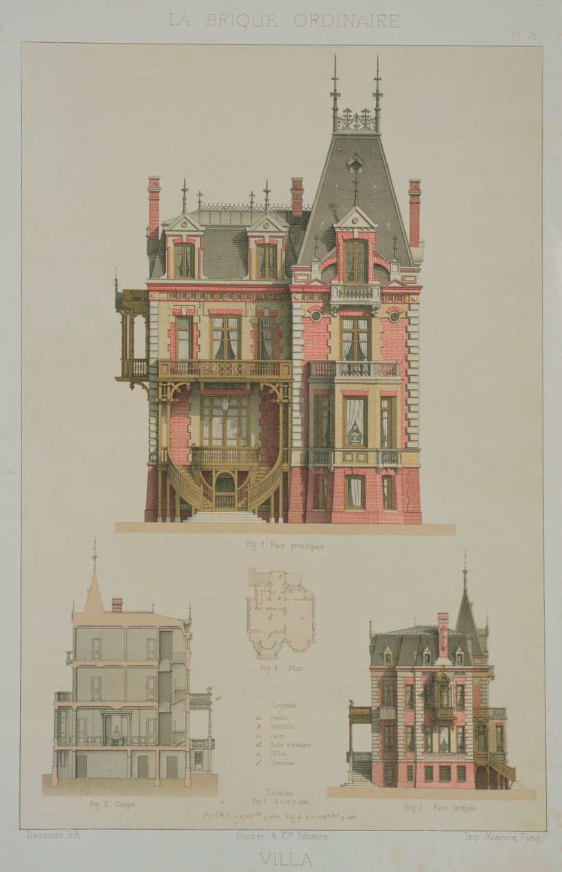 Návrh cihlové vily v Trouville, ilustrace z „La Brique Ordinaire“ od J. Lacrouxe, Editions Ducher, 1878 od Daumont