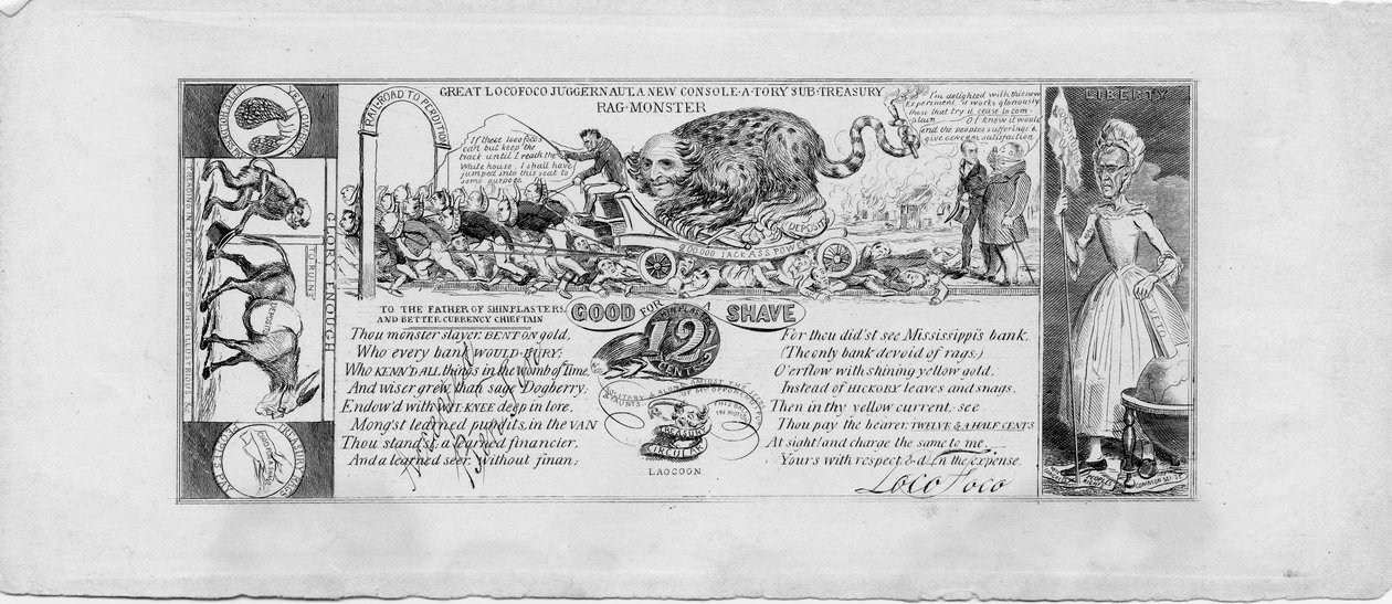 Velký locofoco juggernaut: nová konzola-a-tory podpokladní hadrová příšera, kolem roku 1837 (měděná rytina) od David Claypoole Johnston