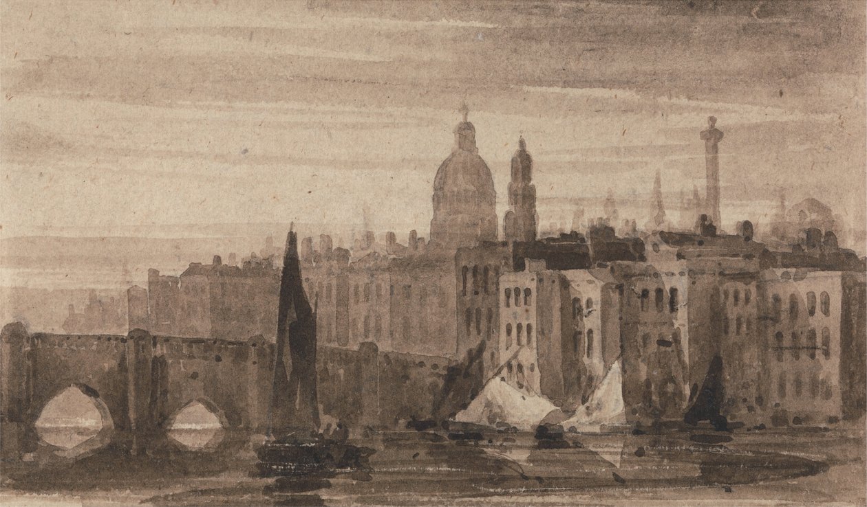 Starý londýnský most a katedrála svatého Pavla z Temže od David Cox