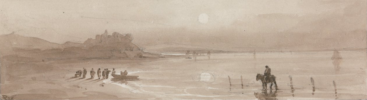 Pobřeží, západ slunce s hradem Harlech od David Cox