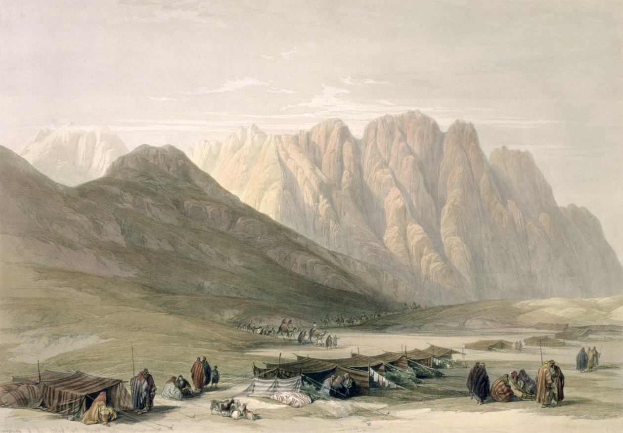 Tábor Aulad-Said, hora Sinaj, 18. února 1839, deska 110 ze svazku III knihy "Svatá země", vyryl Louis Haghe (1806-85), vyd. 1849 od David Roberts