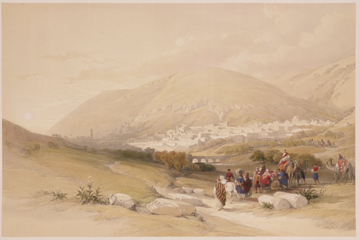 Nablous, starověký Shechem, 17. dubna 1839, deska 42 ze svazku I „Svaté země“, vyryl hospodou Louis Haghe (1806-85). 1842 od David Roberts