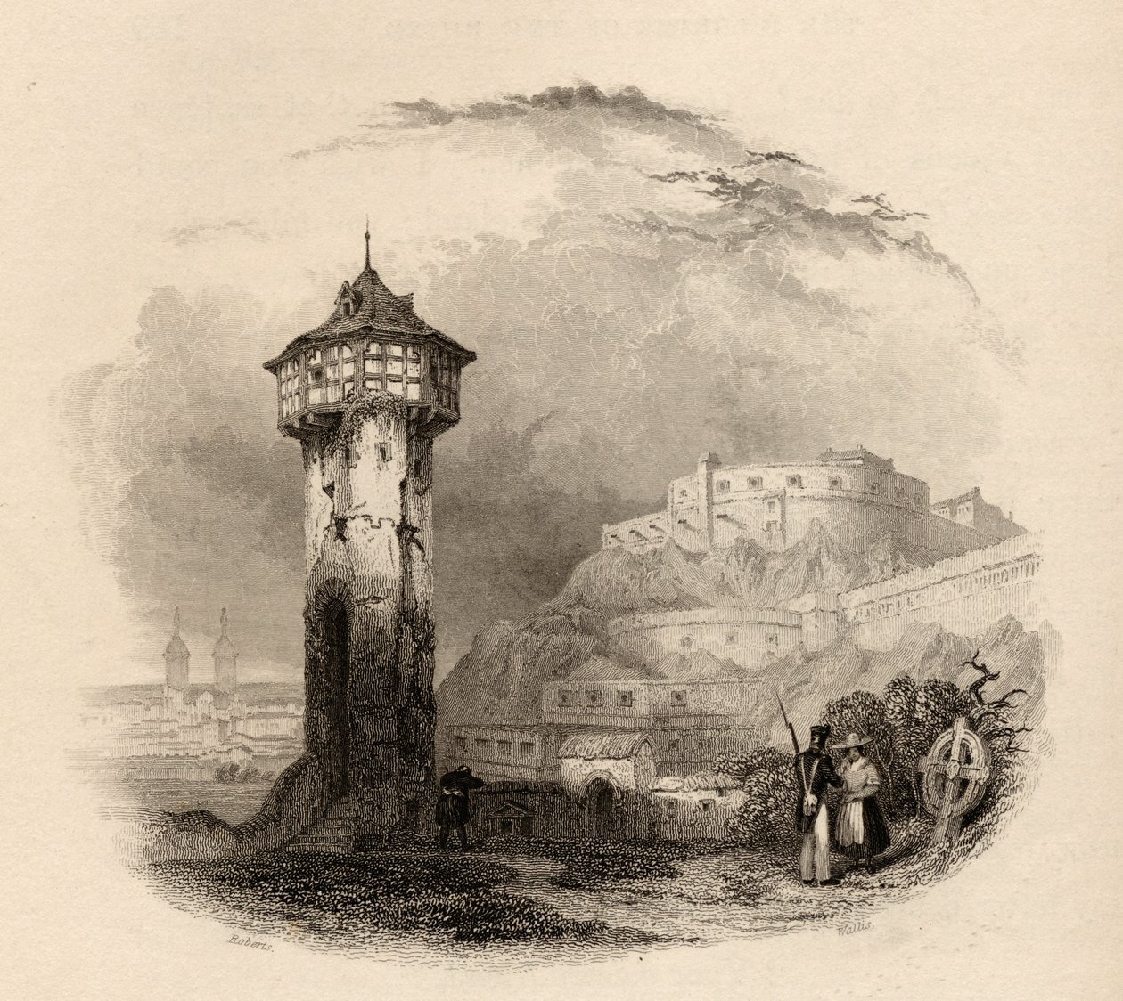 Římská věž v Thalu, Ehrenbreitstein, rytina Wallis, ilustrace z knihy "Poutníci na Rýně" vydané v roce 1840. od David Roberts
