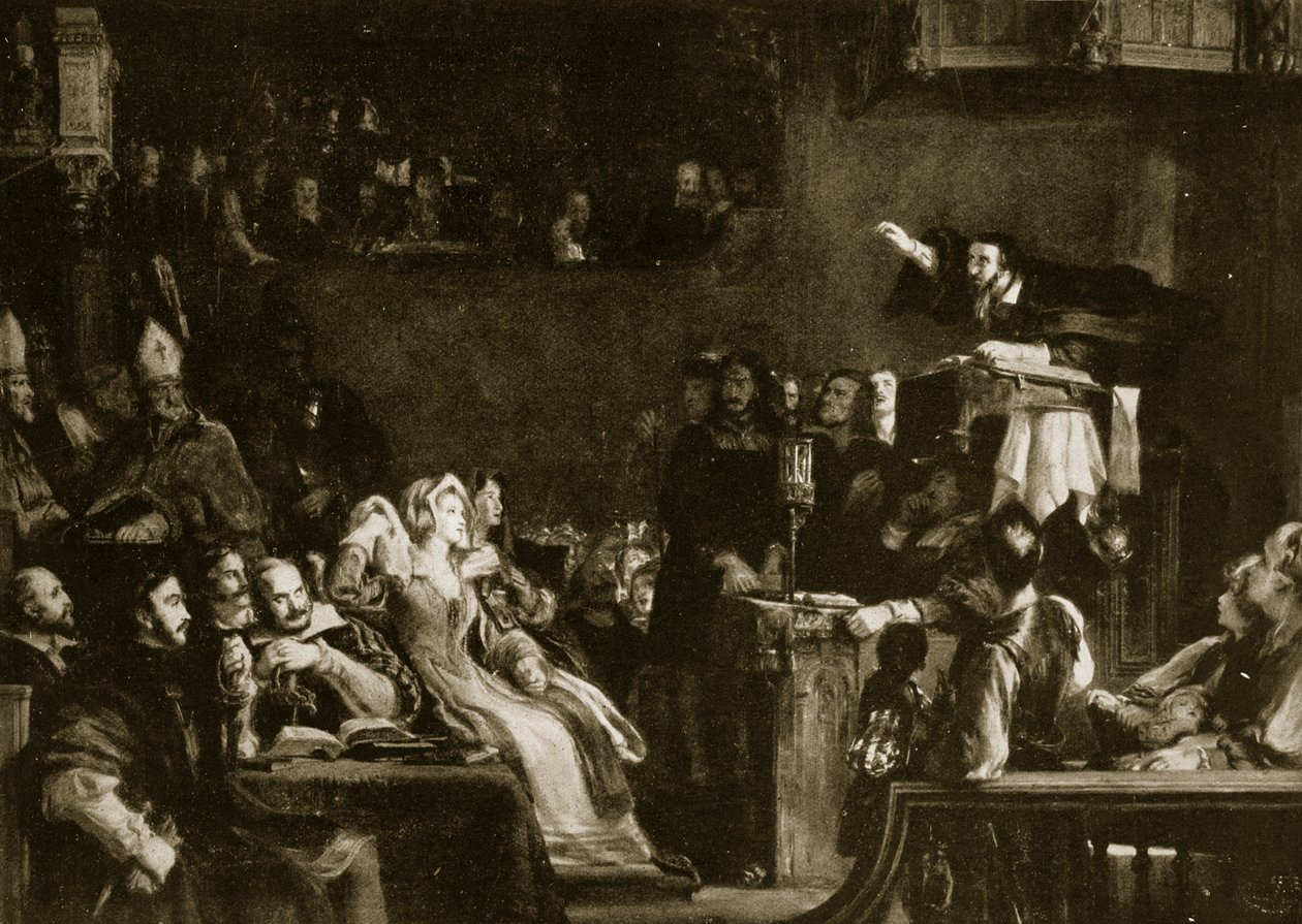 John Knox káže před lordy z Kongregace v katedrále St. Andrews, 1559, ilustrace z 