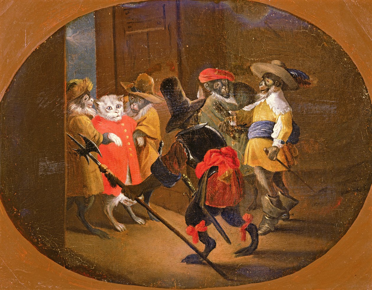 Opice převlečené za vojáky a přivádějí je ke kočičímu důstojníkovi od David Teniers the Younger