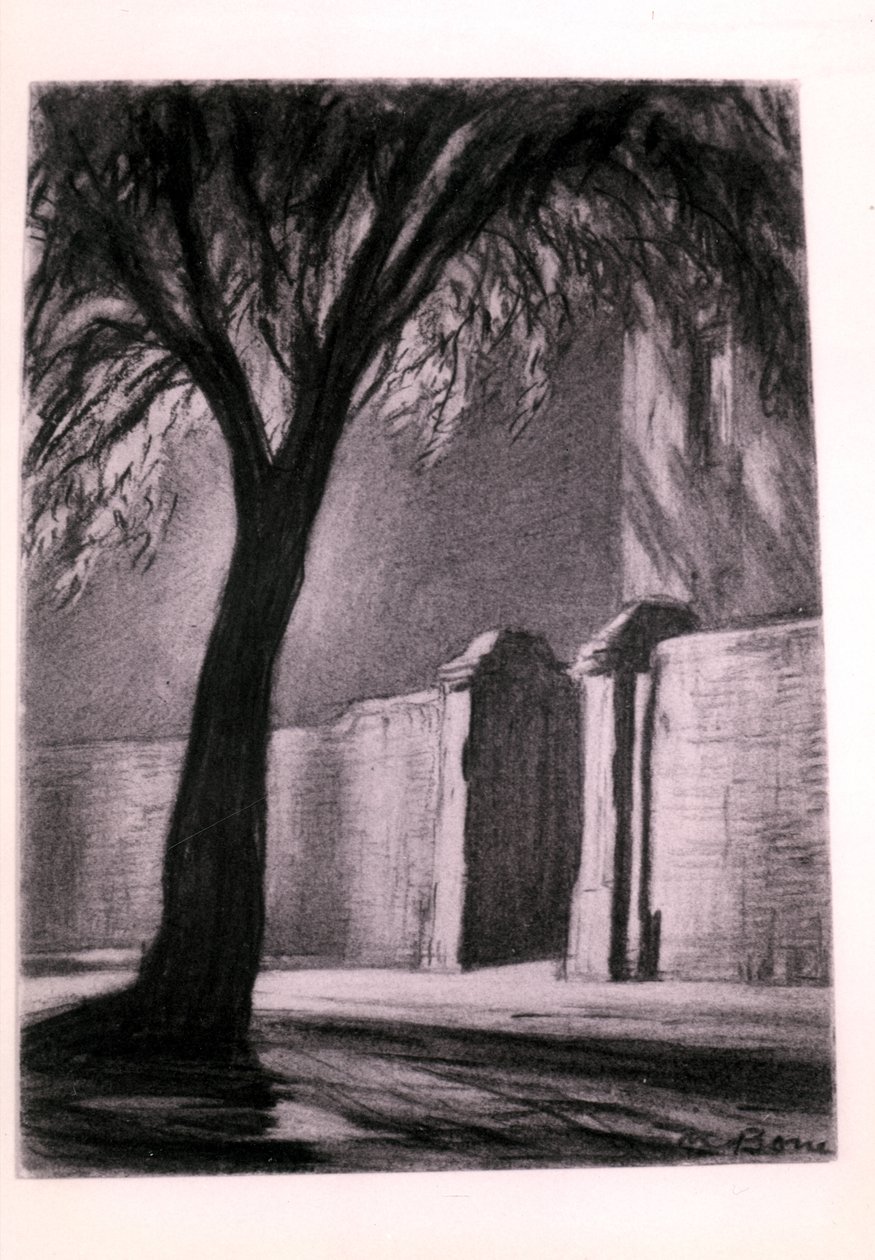 Předměstská noc, cca 1920 (uhel) od David Muirhead Bone