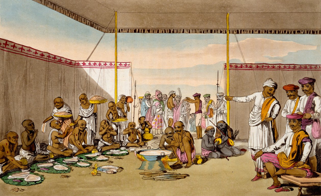 Mahratta Surdar zábavná brahmins, z „Kostým, postava, způsoby, domácí zvyky a náboženské obřady Mahrattových“ od T. D. Broughton, lept od Baxtera, 1813 od Deen Alee