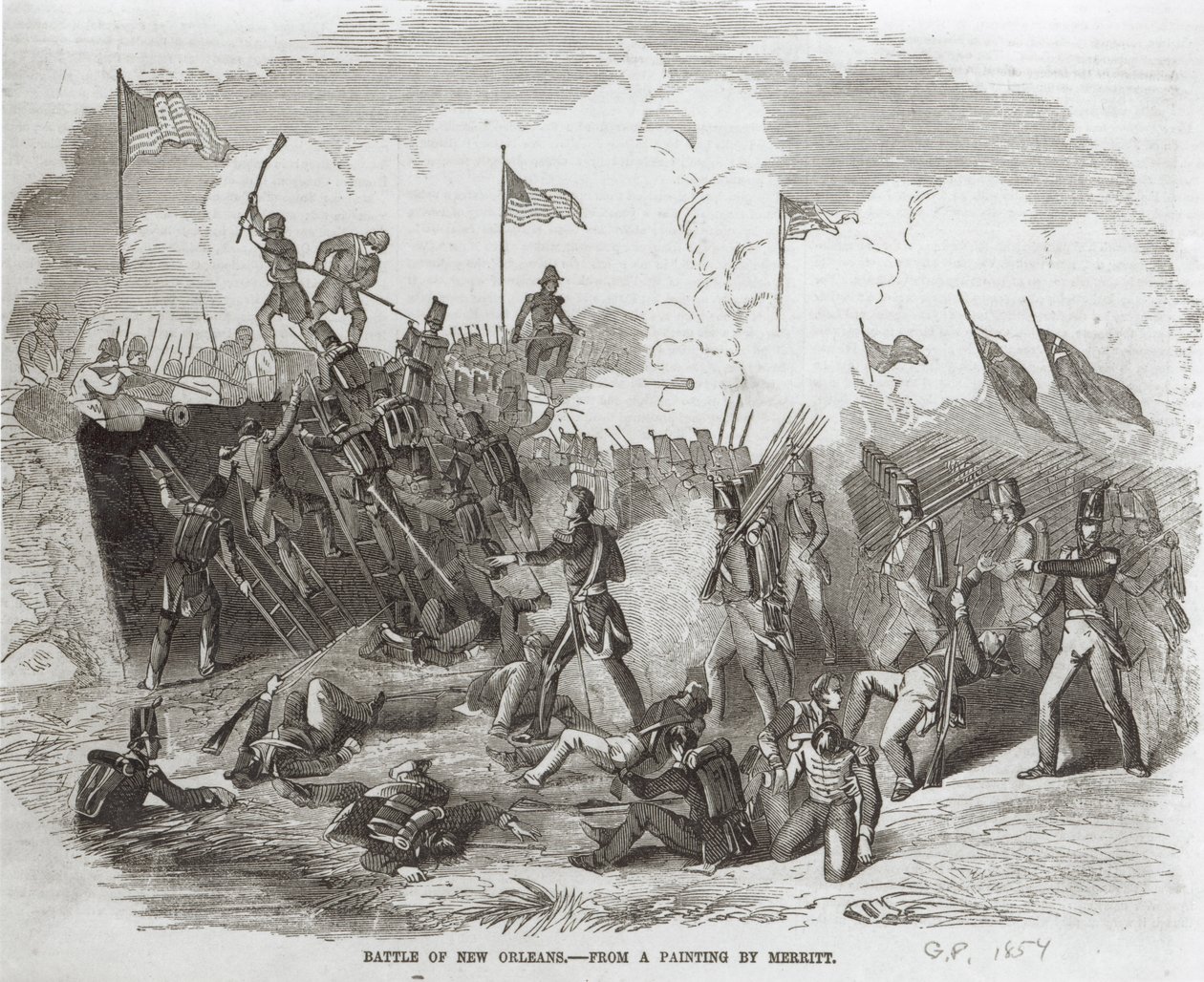Bitva o New Orleans, 8. ledna 1815, vyryl Thomas Phillibrown, 1856 od Dennis Malone Carter