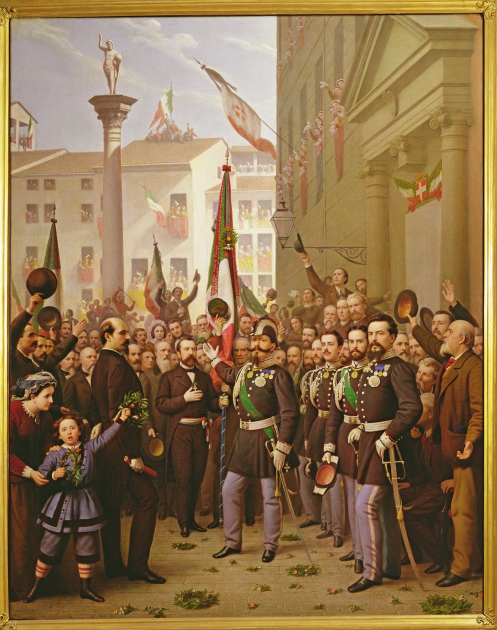Viktor Emmanuel II zdobí vlajku zlatou medailí 10. června 1848 ve Vicenze od Domenico Peterlin
