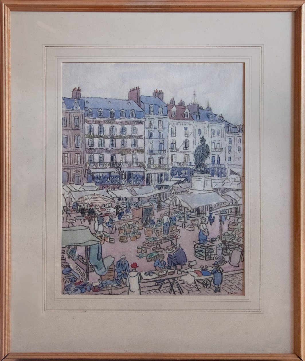 Trhový den v Dieppe, kolem roku 1910 (černá pastelka a wc na papíře) od Douglas Fox Pitt