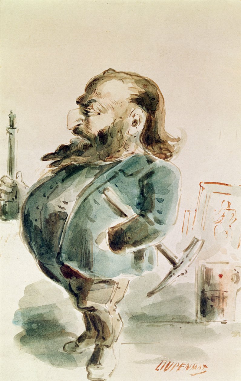 Karikatura Gustava Courbeta (1819-77) držící Colonne de Vendome od Dupendant