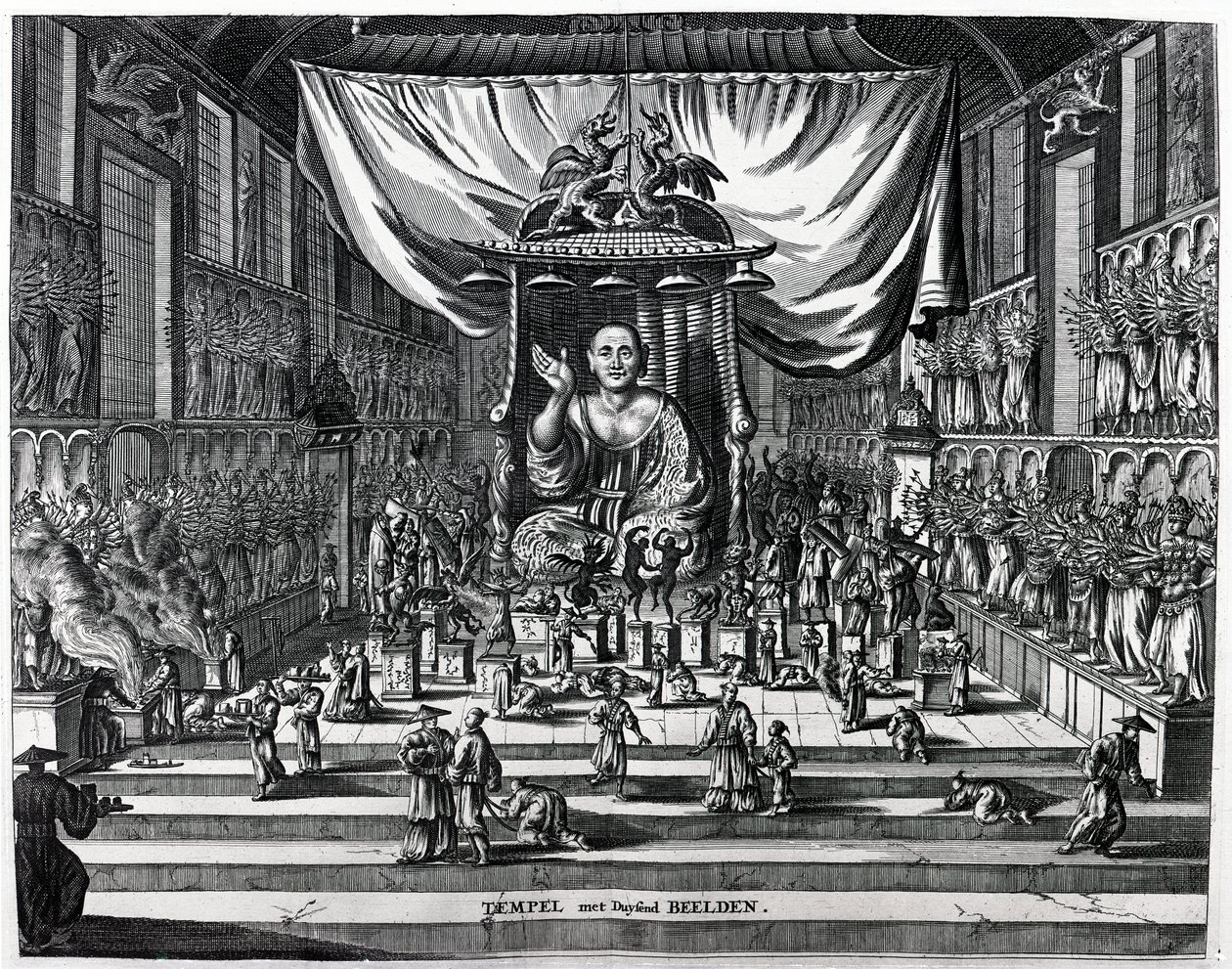 Buddhistický chrám, ilustrace z knihy "Atlas Chinensis" od Arnolda Montana, 1671 od Dutch School