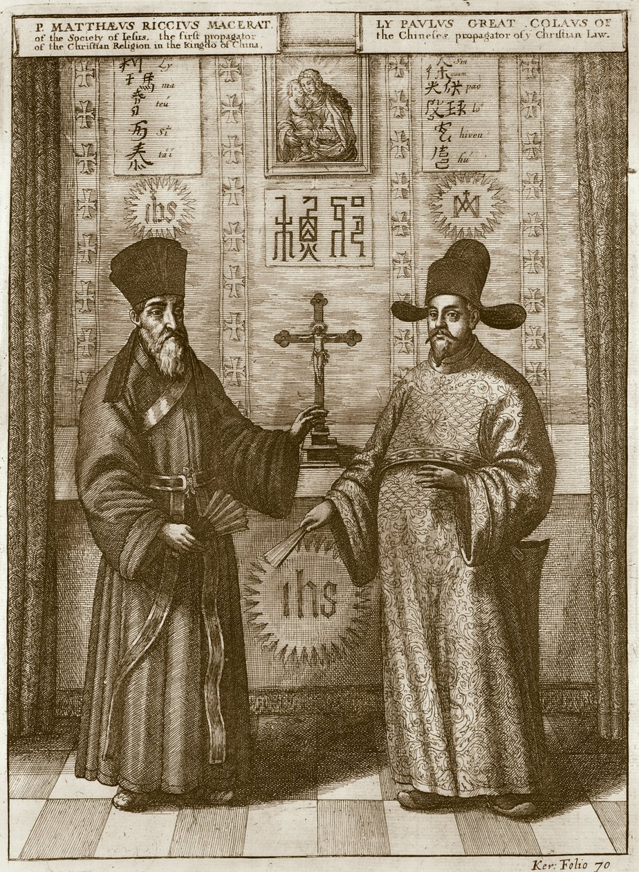 Matteo Ricci (1552-1610) a Paulus Li, z ‚China Illustrated‘ od Athanasius Kircher (1601-80) 1667 od Dutch School