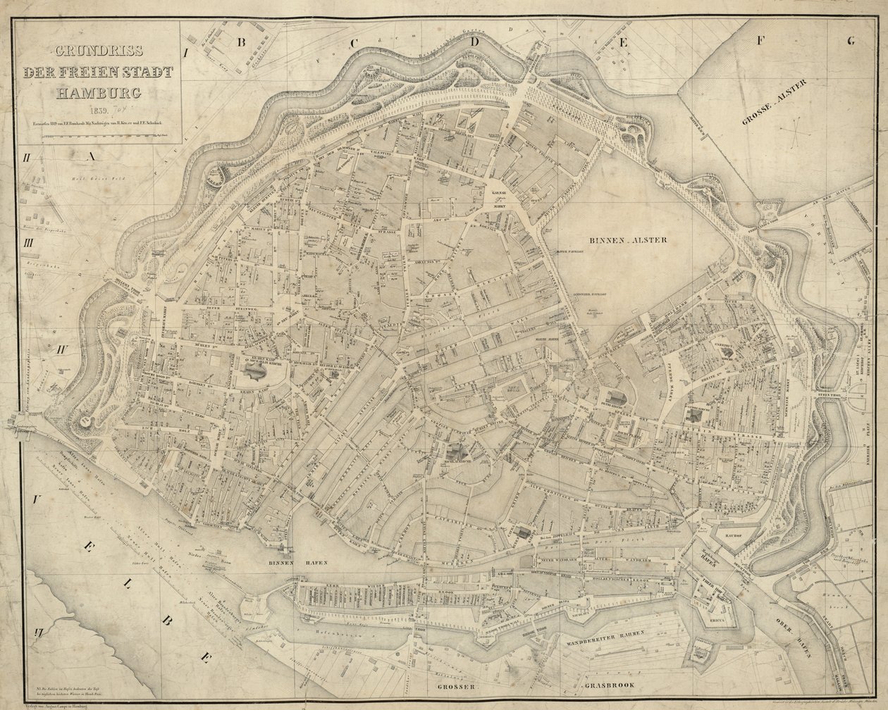 Mapa byla publikována v roce (1839) a ukazuje Hamburk od E.F. m.fl. Bernhardt