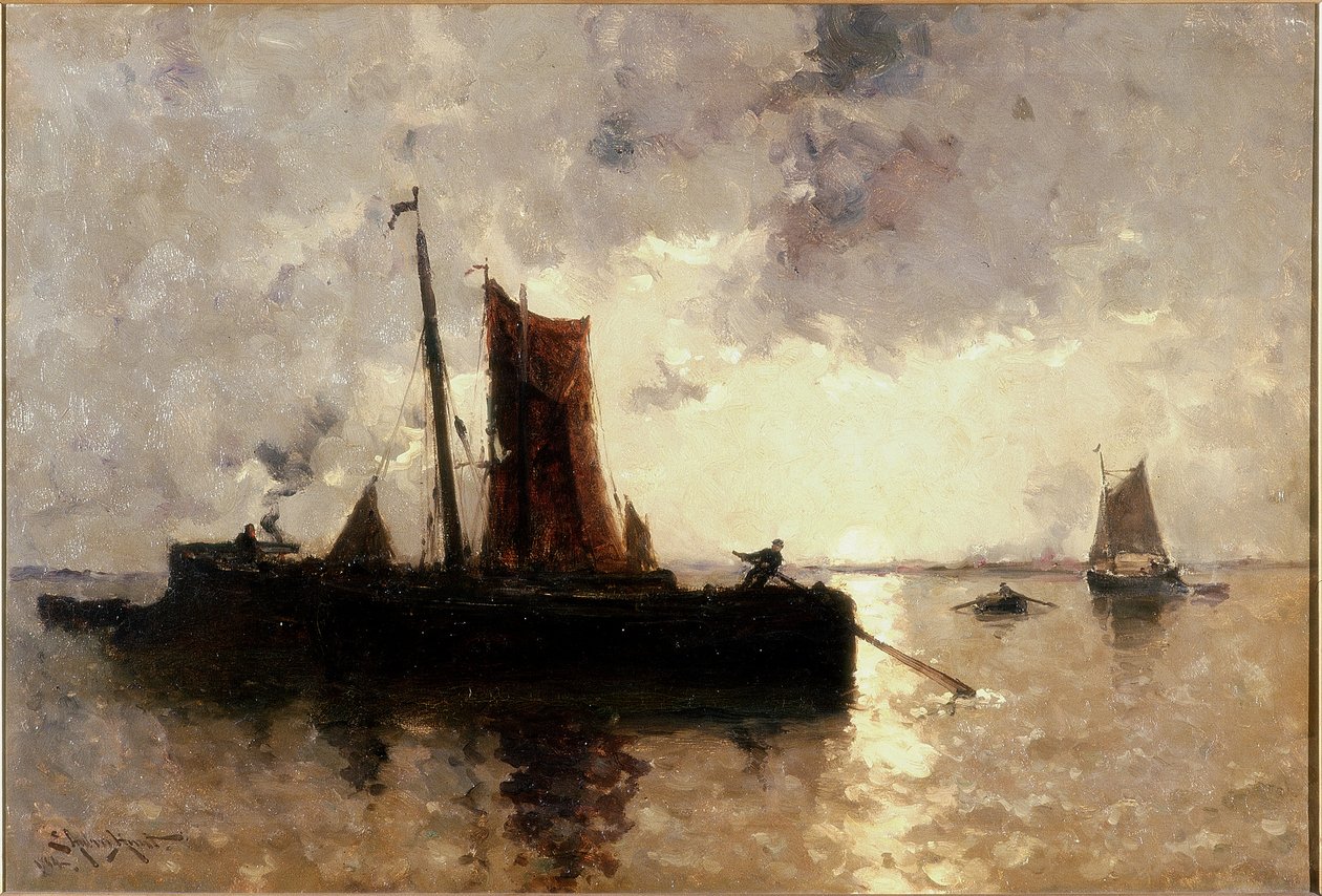 Říční scéna s dopravou od E. Aubrey Hunt
