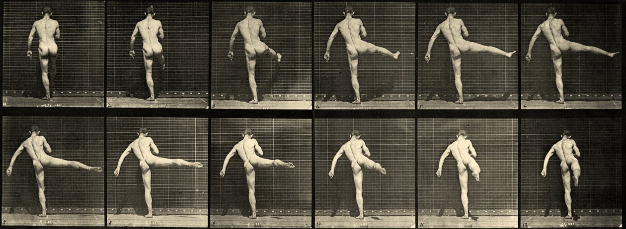 Nahý baletní tanečník, První baletní akce, zvedání pravé nohy (Plate 369) cca 1887 od Eadweard Muybridge