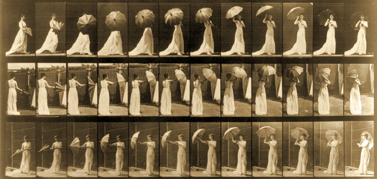 Žena otevírající deštník ze série "Pohyb zvířat", cca 1887 od Eadweard Muybridge