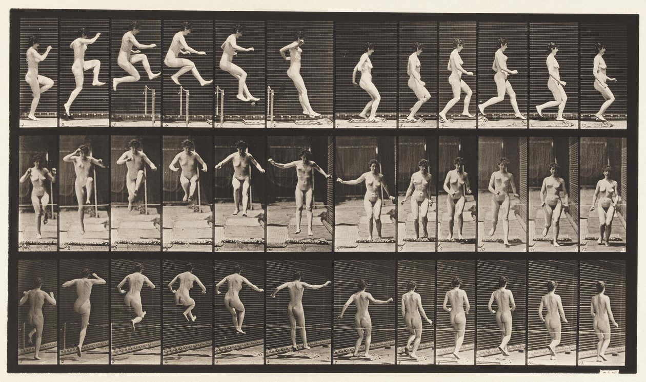 Talíř 155. Skákání, běh, přímý skok vysoký od Eadweard Muybridge