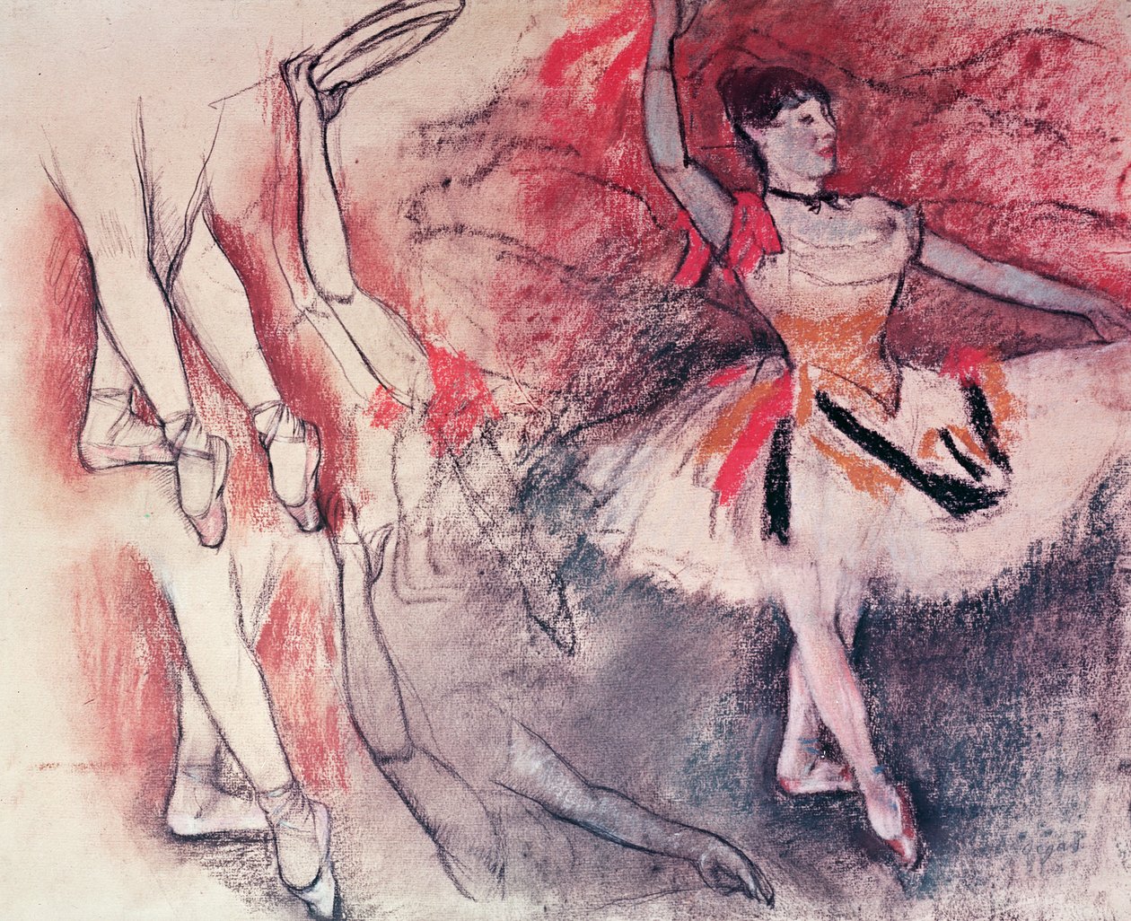 Tanečnice s tamburínou aneb Španělská tanečnice, cca 1882 (uhel a pastel na papíře) od Edgar Degas